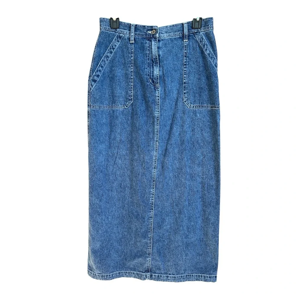 VTG Faded Glory Womens Blue Denim Maxi Skirt Size 10 Pockets Back Slit Y2K 90's